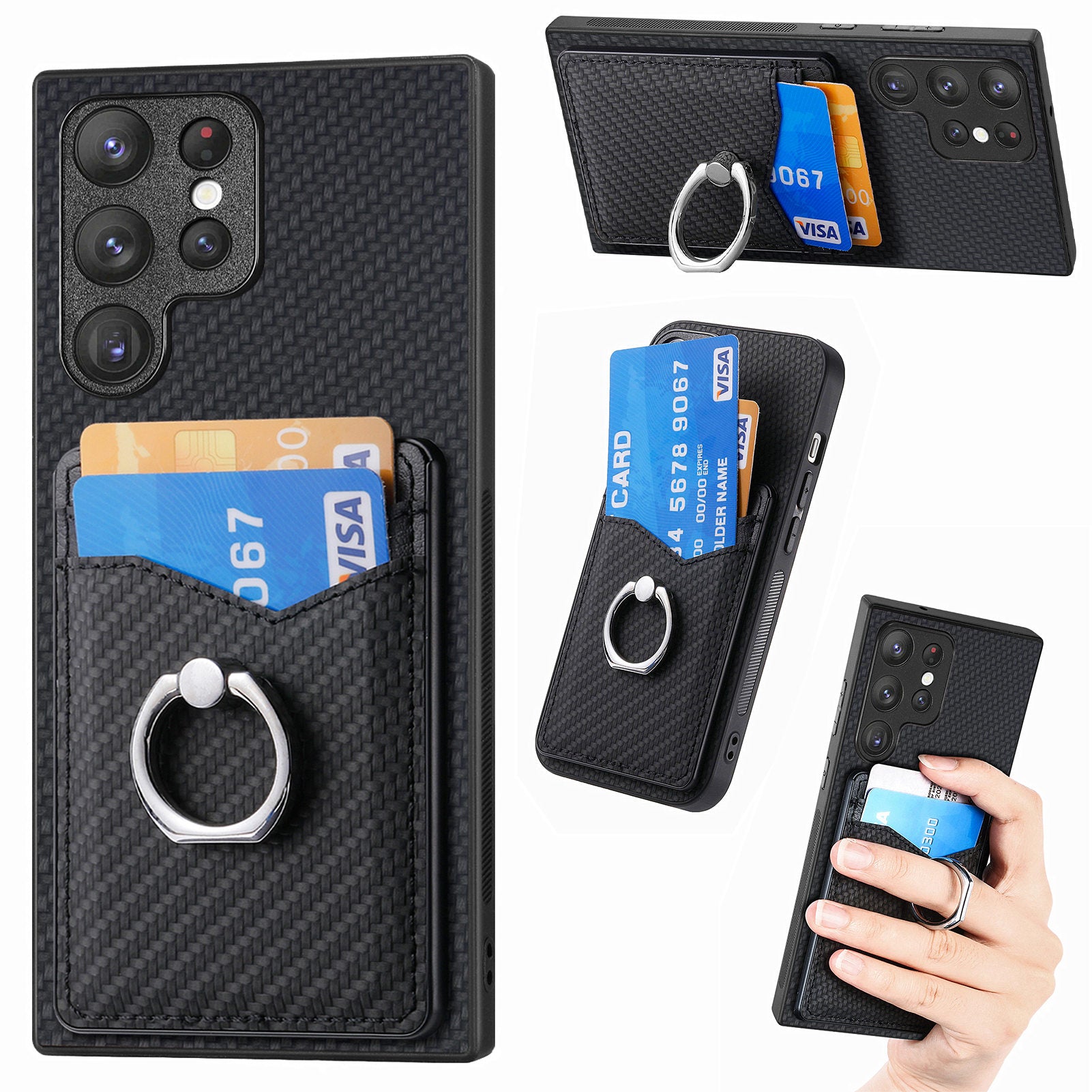 For Samsung Galaxy S25 Ultra Case Card Slots Ring Holder Kickstand Phone Cover - Black