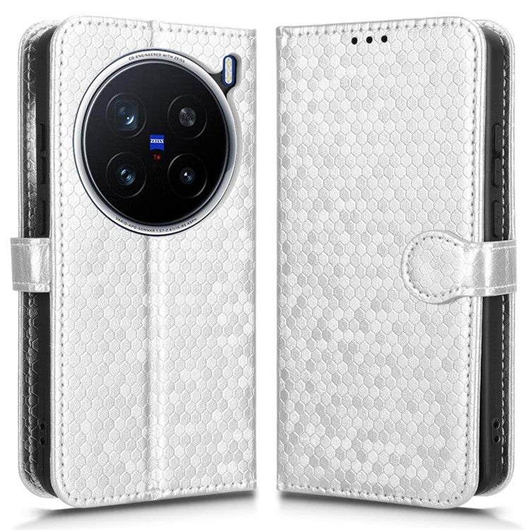 For vivo X200 Pro 5G Wallet Case Dot Pattern Imprint PU Leather Phone Cover - Silver