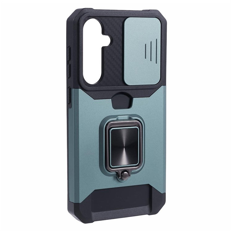 For Samsung Galaxy S24 FE Kickstand Case Slide Lens Lid PC+TPU Phone Cover with Card Slot - Blackish Green