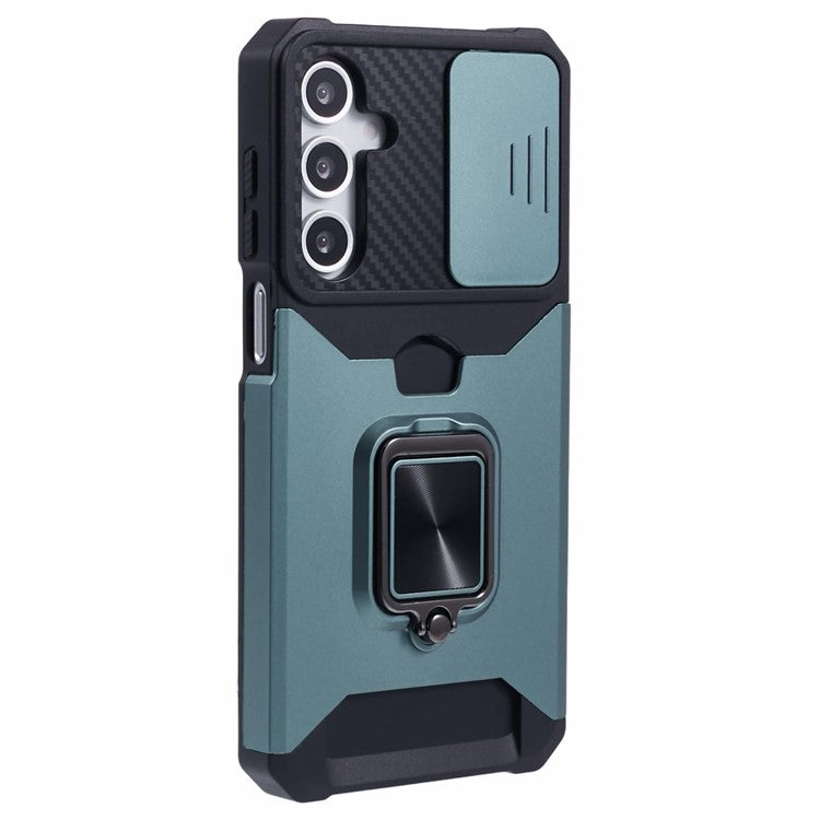 For Samsung Galaxy A16 4G / 5G Kickstand Case Slide Lens Lid PC+TPU Phone Cover with Card Slot - Blackish Green