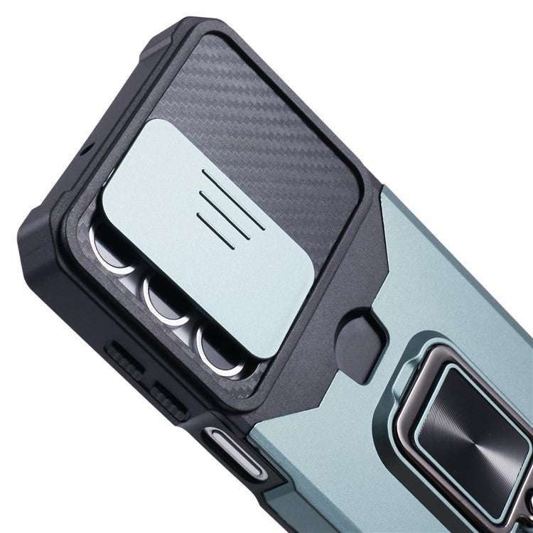 For Samsung Galaxy A16 4G / 5G Kickstand Case Slide Lens Lid PC+TPU Phone Cover with Card Slot - Blackish Green