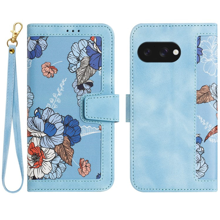 For Google Pixel 9a Case PU Leather Floral Phone Cover with Card Slots - Baby Blue