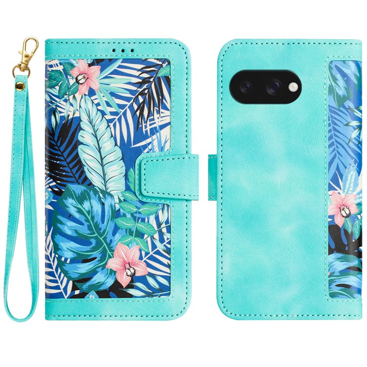 For Google Pixel 9a Case PU Leather Floral Phone Cover with Card Slots - Green