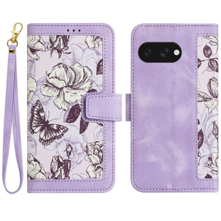 For Google Pixel 9a Case PU Leather Floral Phone Cover with Card Slots - Light Purple