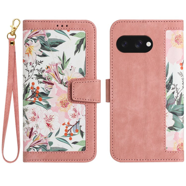 For Google Pixel 9a Case PU Leather Floral Phone Cover with Card Slots - Pink