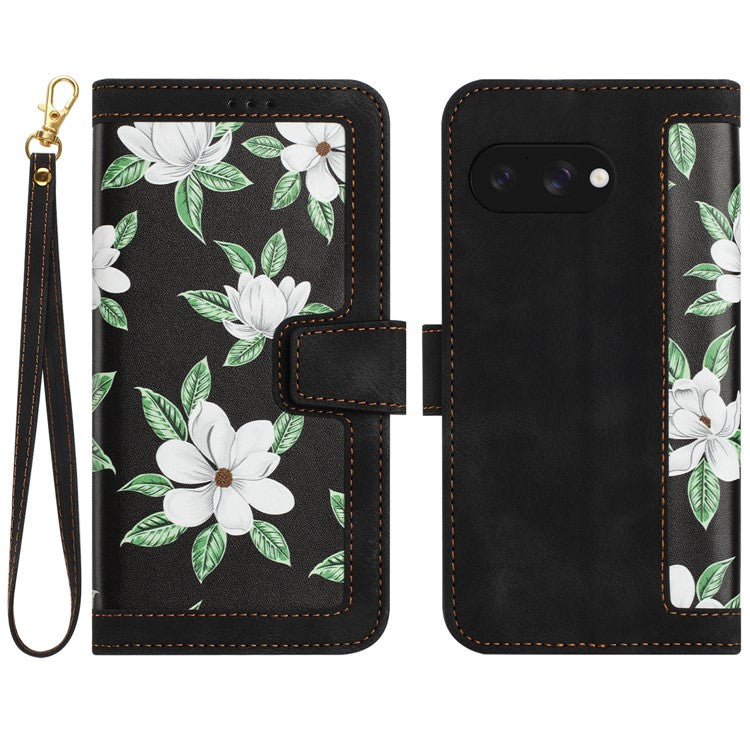 For Google Pixel 9a Case PU Leather Floral Phone Cover with Card Slots - Black