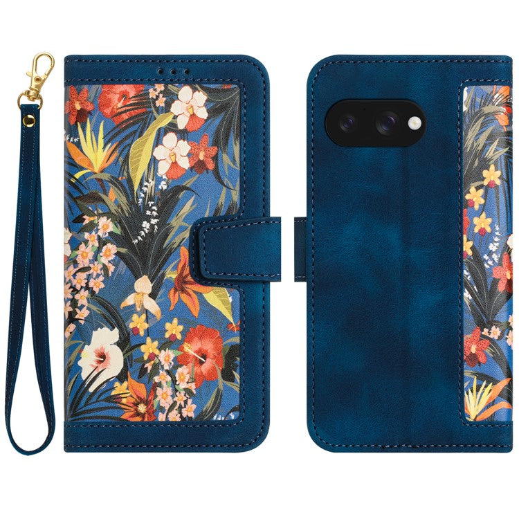 For Google Pixel 9a Case PU Leather Floral Phone Cover with Card Slots - Dark Blue