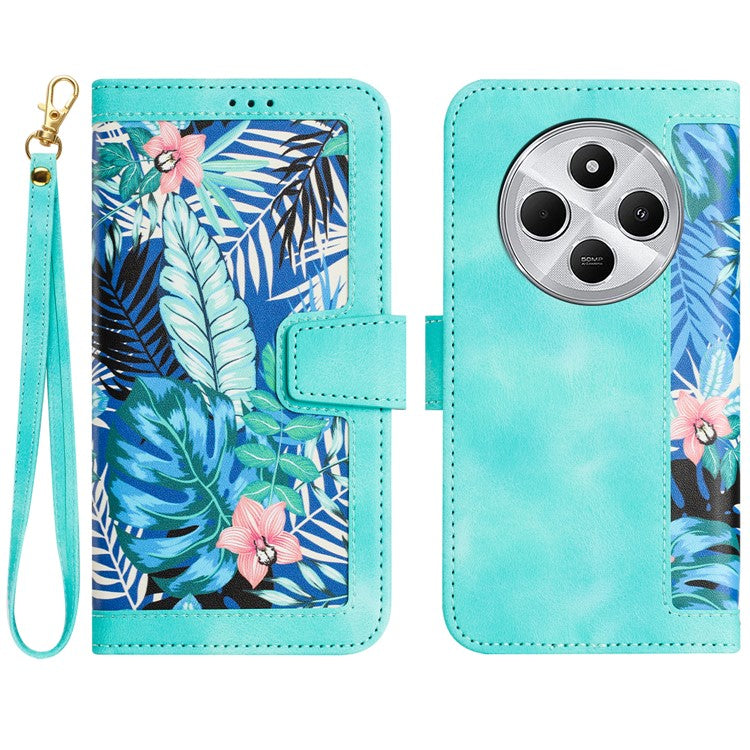 Leather Case for Xiaomi Poco C75 4G / Redmi 14R 5G / 14C 4G Floral Phone Cover with Card Slots - Green