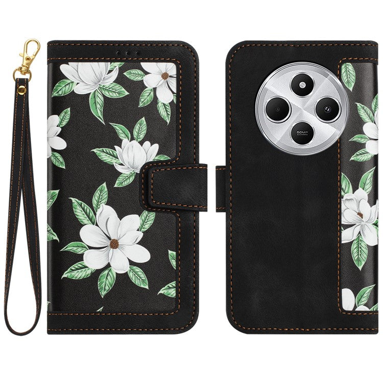 Leather Case for Xiaomi Poco C75 4G / Redmi 14R 5G / 14C 4G Floral Phone Cover with Card Slots - Black