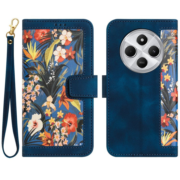 Leather Case for Xiaomi Poco C75 4G / Redmi 14R 5G / 14C 4G Floral Phone Cover with Card Slots - Dark Blue