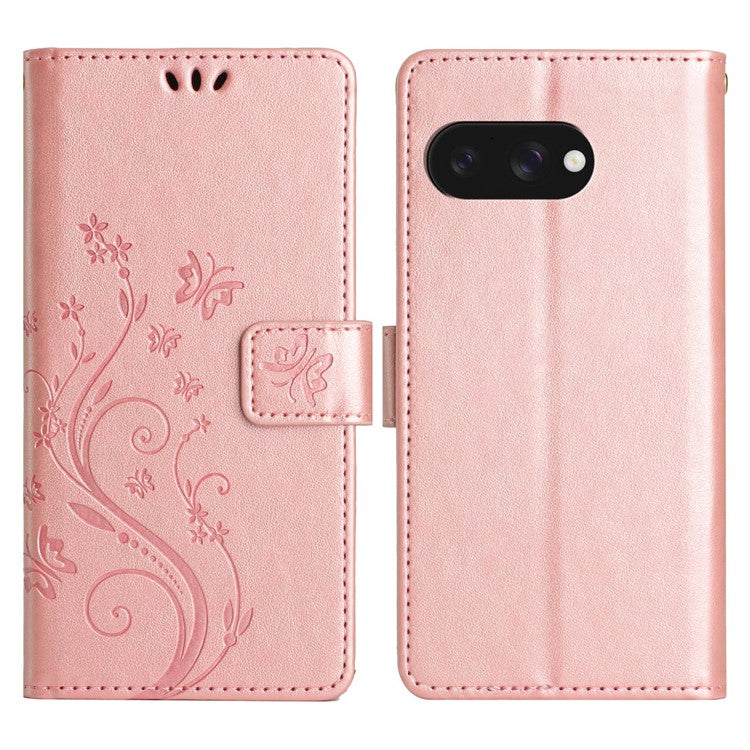 For Google Pixel 9a Case PU Leather Phone Wallet Cover with Strap - Rose Gold