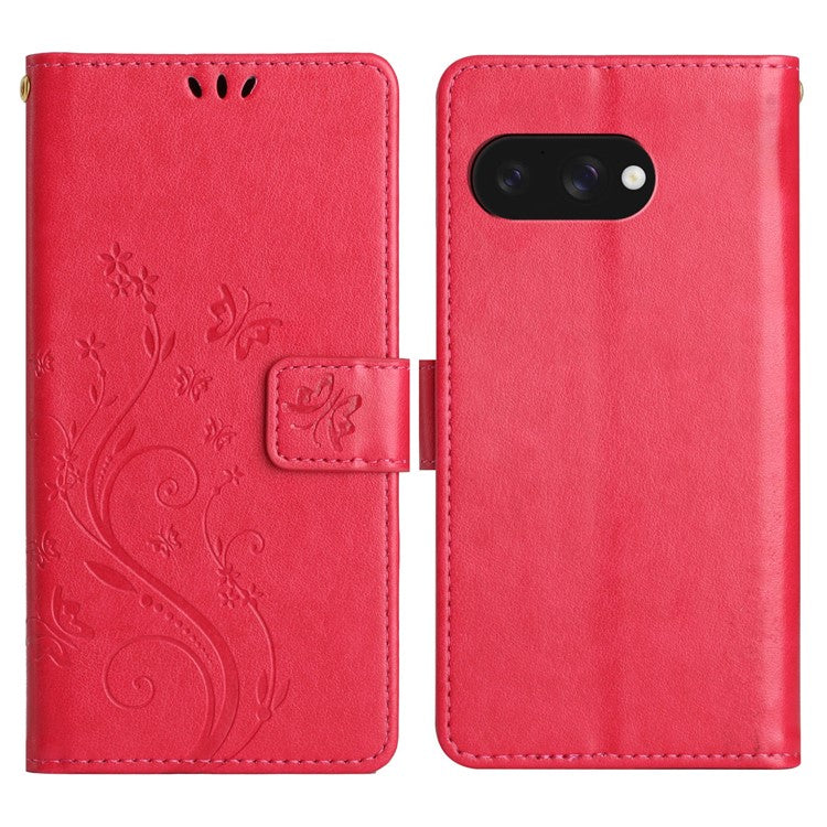 For Google Pixel 9a Case PU Leather Phone Wallet Cover with Strap - Red