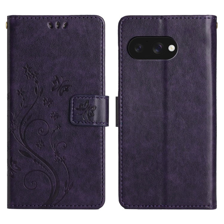 For Google Pixel 9a Case PU Leather Phone Wallet Cover with Strap - Dark Purple