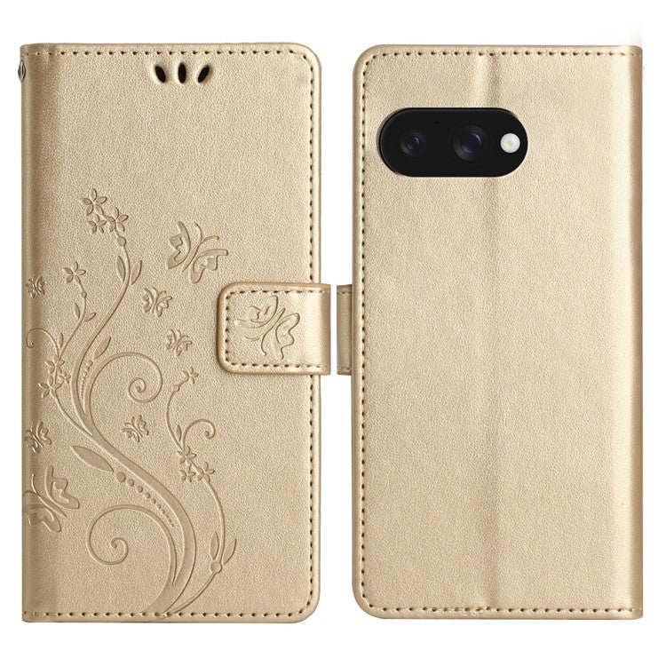 For Google Pixel 9a Case PU Leather Phone Wallet Cover with Strap - Gold