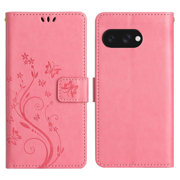 For Google Pixel 9a Case PU Leather Phone Wallet Cover with Strap - Pink