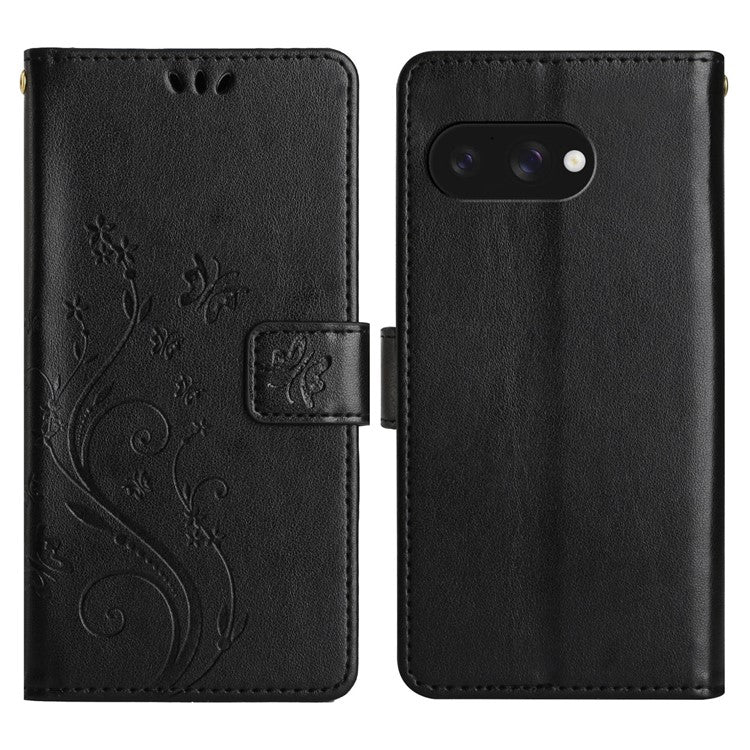 For Google Pixel 9a Case PU Leather Phone Wallet Cover with Strap - Black