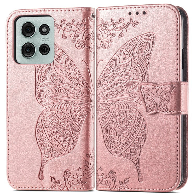 For Motorola Moto G75 5G Case PU Leather Wallet Phone Cover Butterfly Pattern - Rose Gold