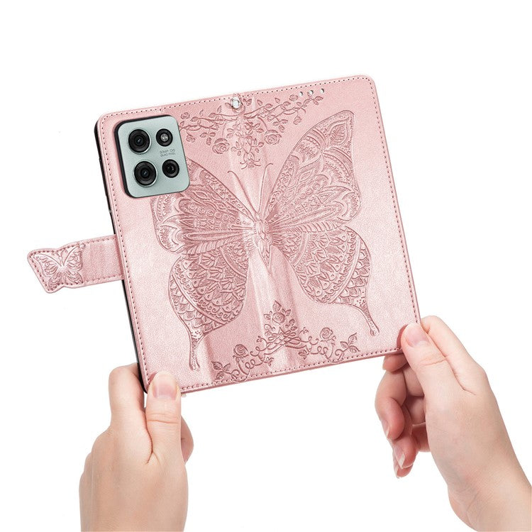 For Motorola Moto G75 5G Case PU Leather Wallet Phone Cover Butterfly Pattern - Rose Gold