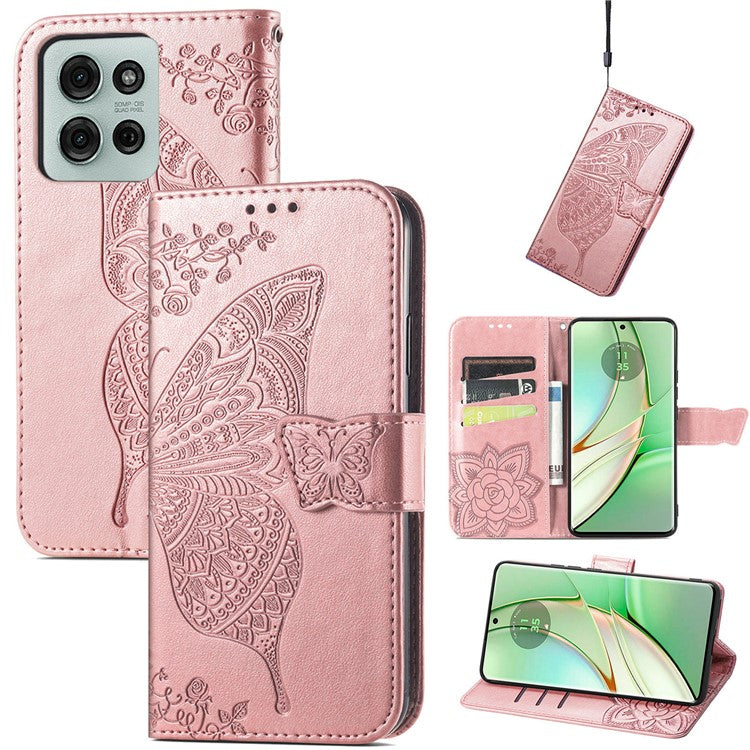 For Motorola Moto G75 5G Case PU Leather Wallet Phone Cover Butterfly Pattern - Rose Gold