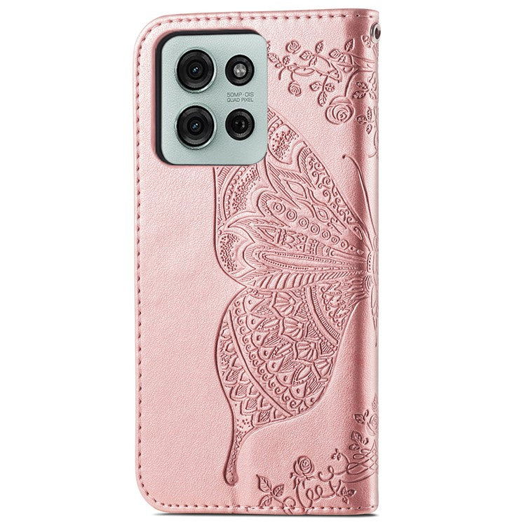 For Motorola Moto G75 5G Case PU Leather Wallet Phone Cover Butterfly Pattern - Rose Gold