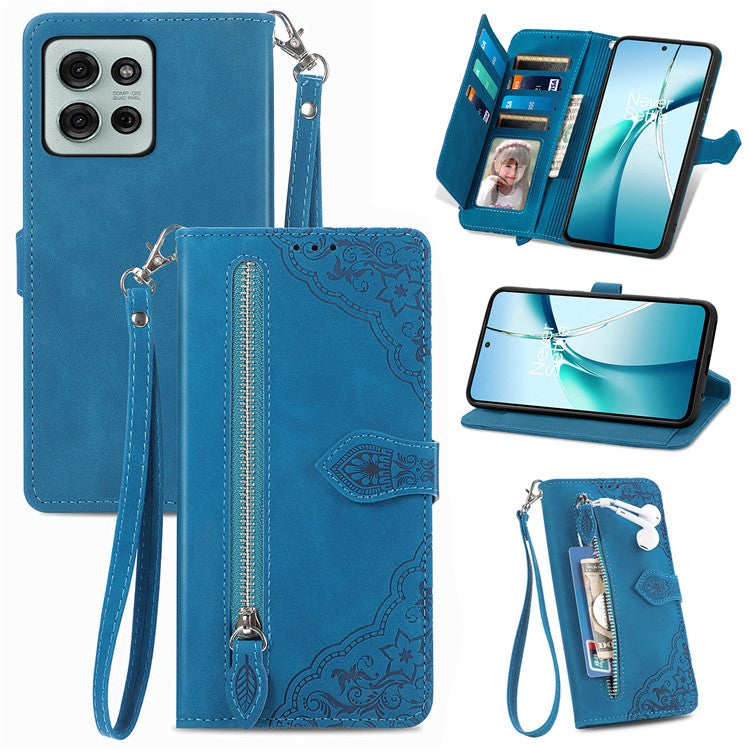 For Motorola Moto G75 5G Case Zipper Wallet PU Leather Flower Imprint Phone Cover - Blue