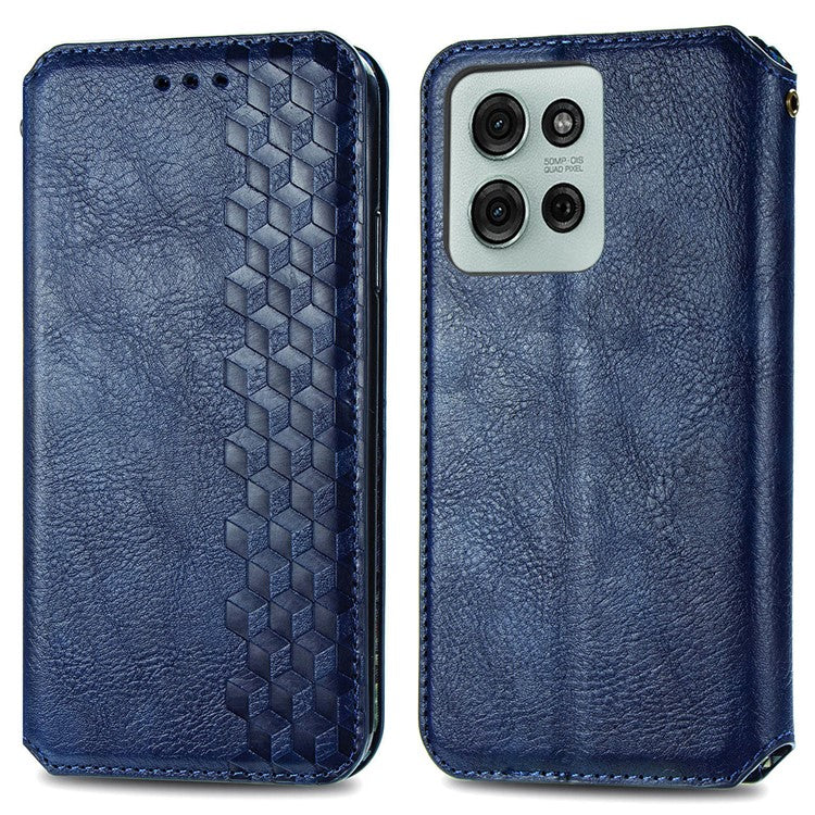 For Motorola Moto G75 5G Case Rhombus Imprint PU Leather Wallet Phone Cover - Blue