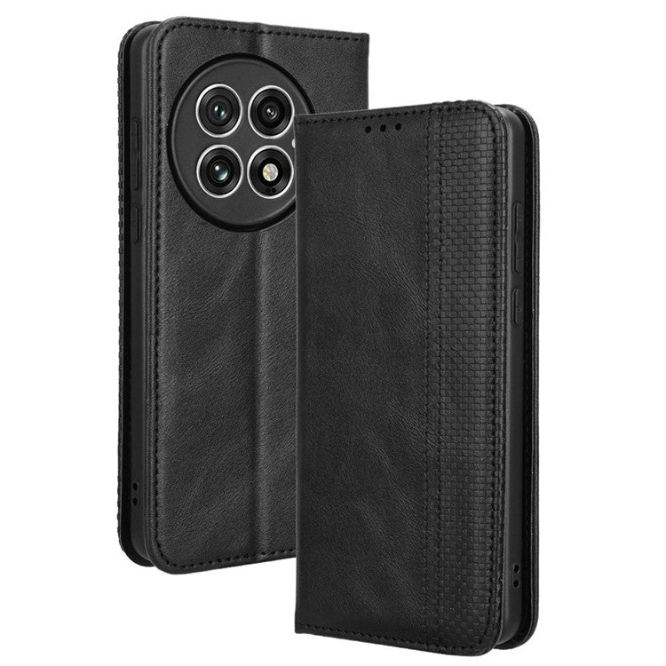 For OnePlus 13 Leather Case Wallet Stand Retro Texture Phone Cover - Black