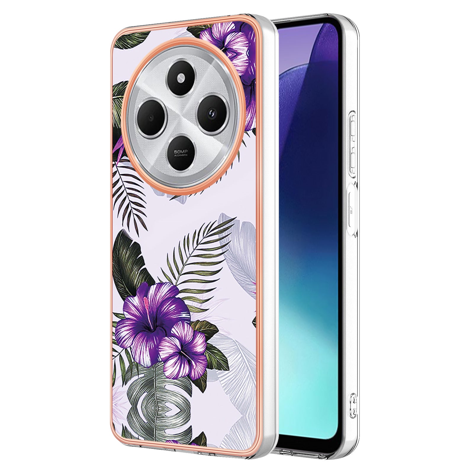 For Xiaomi Redmi 14R 5G / Xiaomi Poco C75 4G / Xiaomi Redmi 14C 4G Case YB IMD Series-1 Style-A  IMD Marble Flower Pattern TPU Phone Cover - Purple Flower