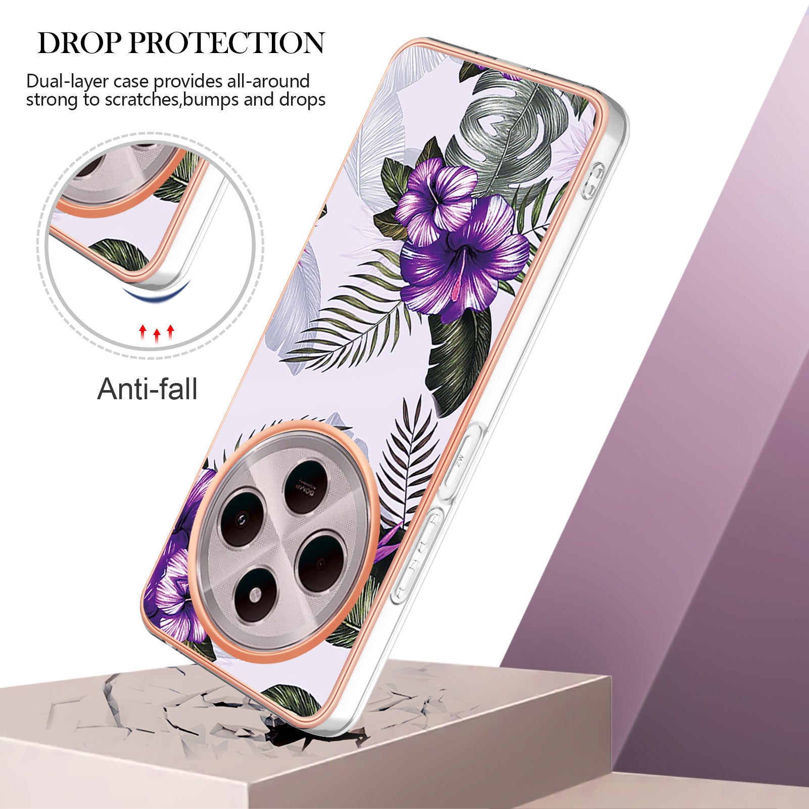 For Xiaomi Redmi 14R 5G / Xiaomi Poco C75 4G / Xiaomi Redmi 14C 4G Case YB IMD Series-1 Style-A  IMD Marble Flower Pattern TPU Phone Cover - Purple Flower