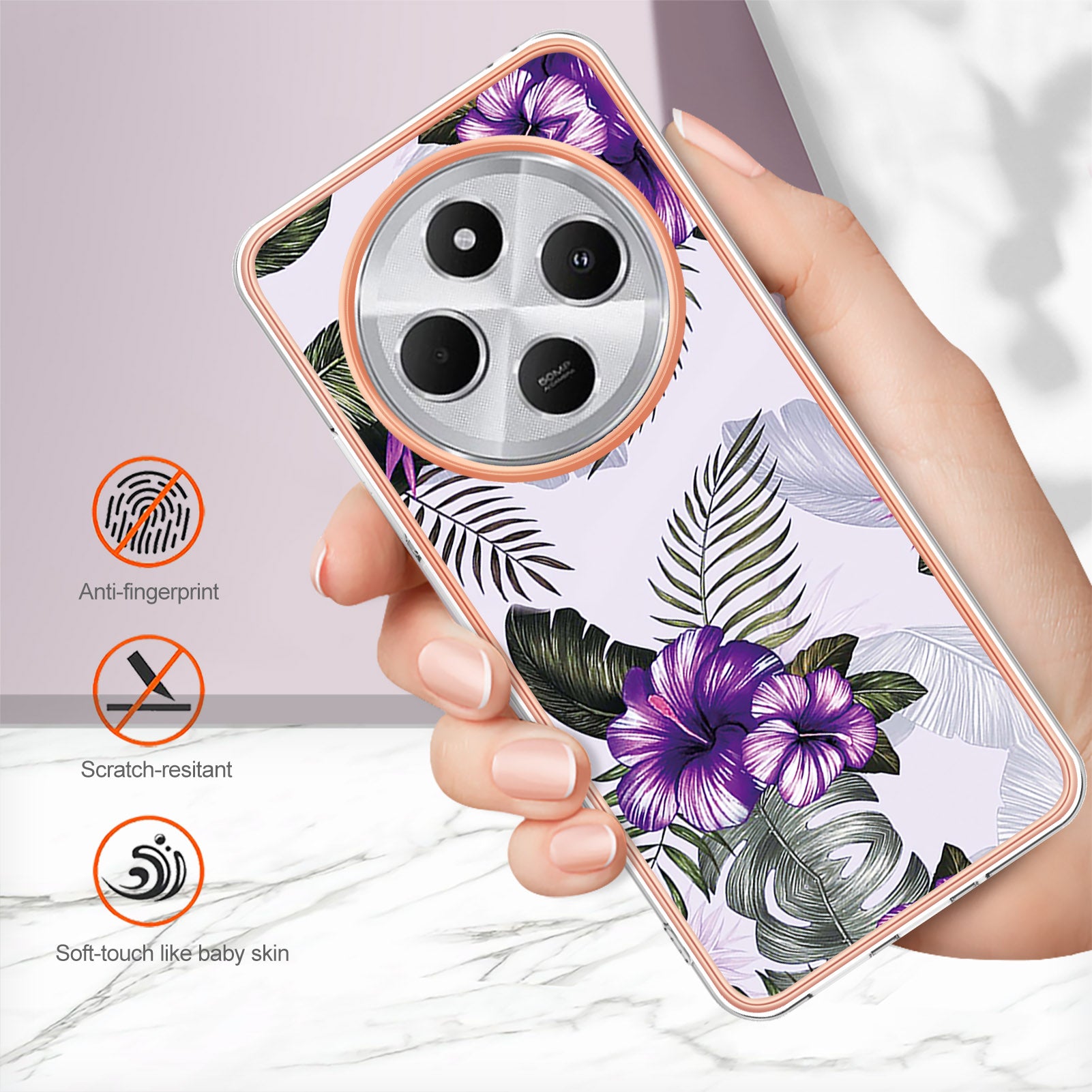 For Xiaomi Redmi 14R 5G / Xiaomi Poco C75 4G / Xiaomi Redmi 14C 4G Case YB IMD Series-1 Style-A  IMD Marble Flower Pattern TPU Phone Cover - Purple Flower