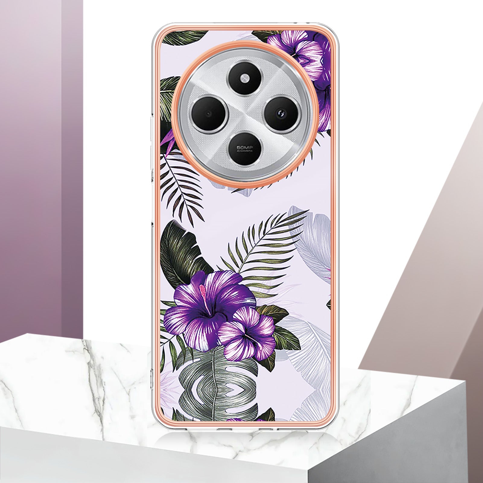 For Xiaomi Redmi 14R 5G / Xiaomi Poco C75 4G / Xiaomi Redmi 14C 4G Case YB IMD Series-1 Style-A  IMD Marble Flower Pattern TPU Phone Cover - Purple Flower