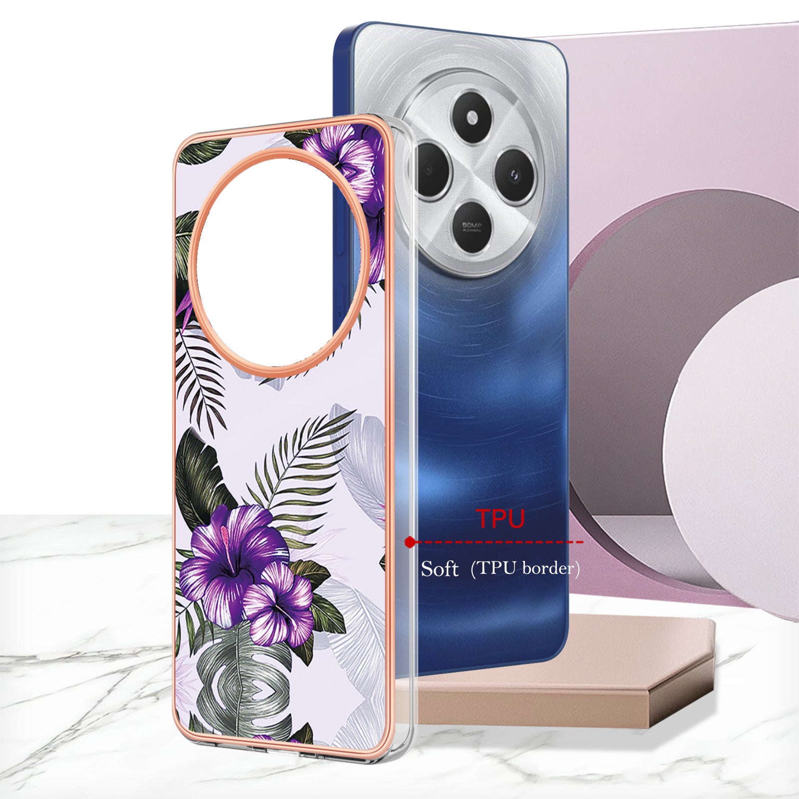 For Xiaomi Redmi 14R 5G / Xiaomi Poco C75 4G / Xiaomi Redmi 14C 4G Case YB IMD Series-1 Style-A  IMD Marble Flower Pattern TPU Phone Cover - Purple Flower