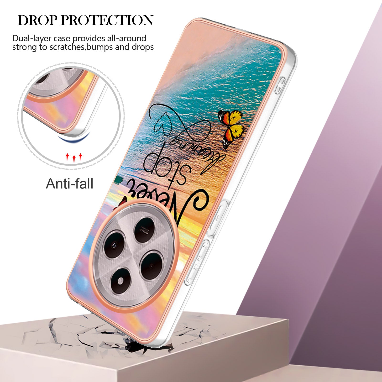 For Xiaomi Redmi 14R 5G / Xiaomi Poco C75 4G / Xiaomi Redmi 14C 4G Case YB IMD Series-1 Style-A  IMD Marble Flower Pattern TPU Phone Cover - Never Stop Dreaming