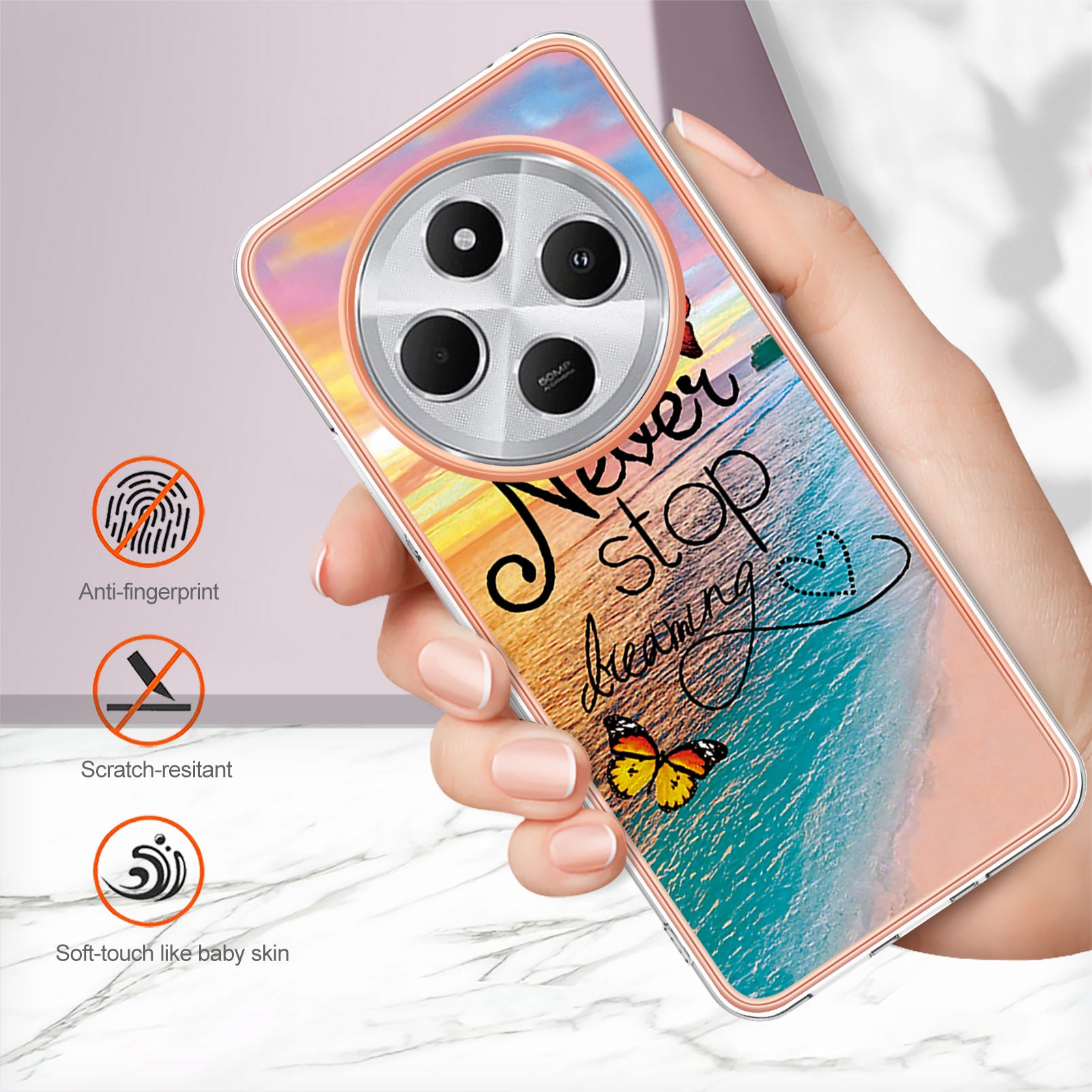 For Xiaomi Redmi 14R 5G / Xiaomi Poco C75 4G / Xiaomi Redmi 14C 4G Case YB IMD Series-1 Style-A  IMD Marble Flower Pattern TPU Phone Cover - Never Stop Dreaming