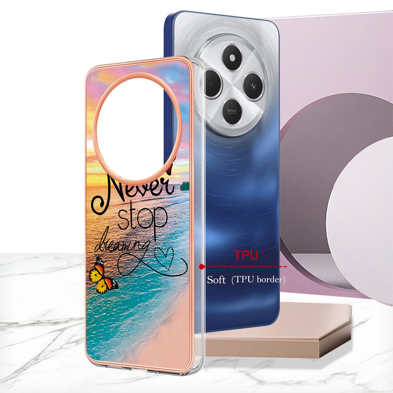 For Xiaomi Redmi 14R 5G / Xiaomi Poco C75 4G / Xiaomi Redmi 14C 4G Case YB IMD Series-1 Style-A  IMD Marble Flower Pattern TPU Phone Cover - Never Stop Dreaming