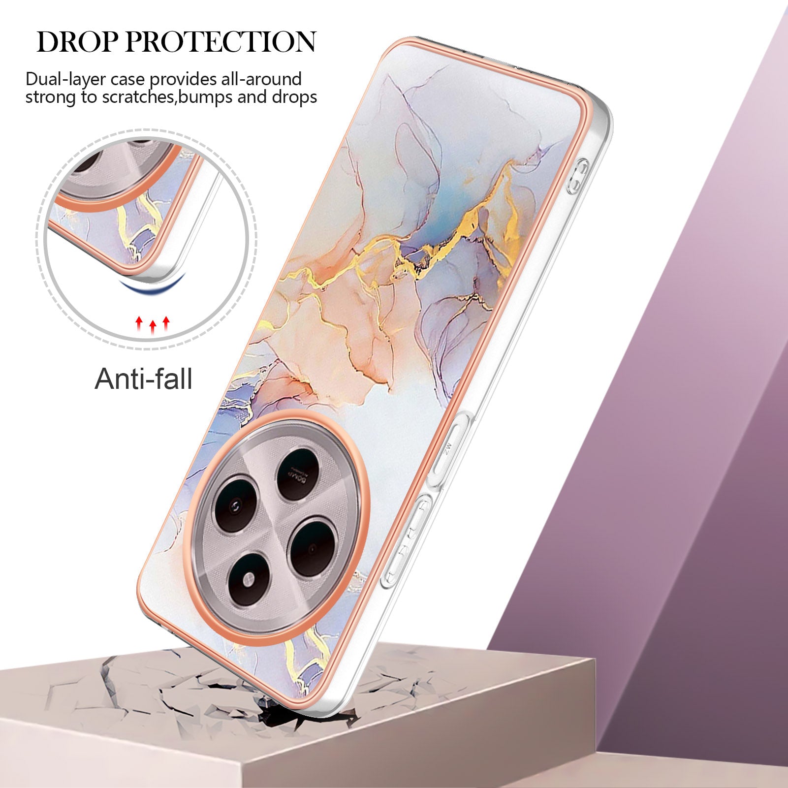 For Xiaomi Redmi 14R 5G / Xiaomi Poco C75 4G / Xiaomi Redmi 14C 4G Case YB IMD Series-1 Style-A  IMD Marble Flower Pattern TPU Phone Cover - Milky Way Marble White