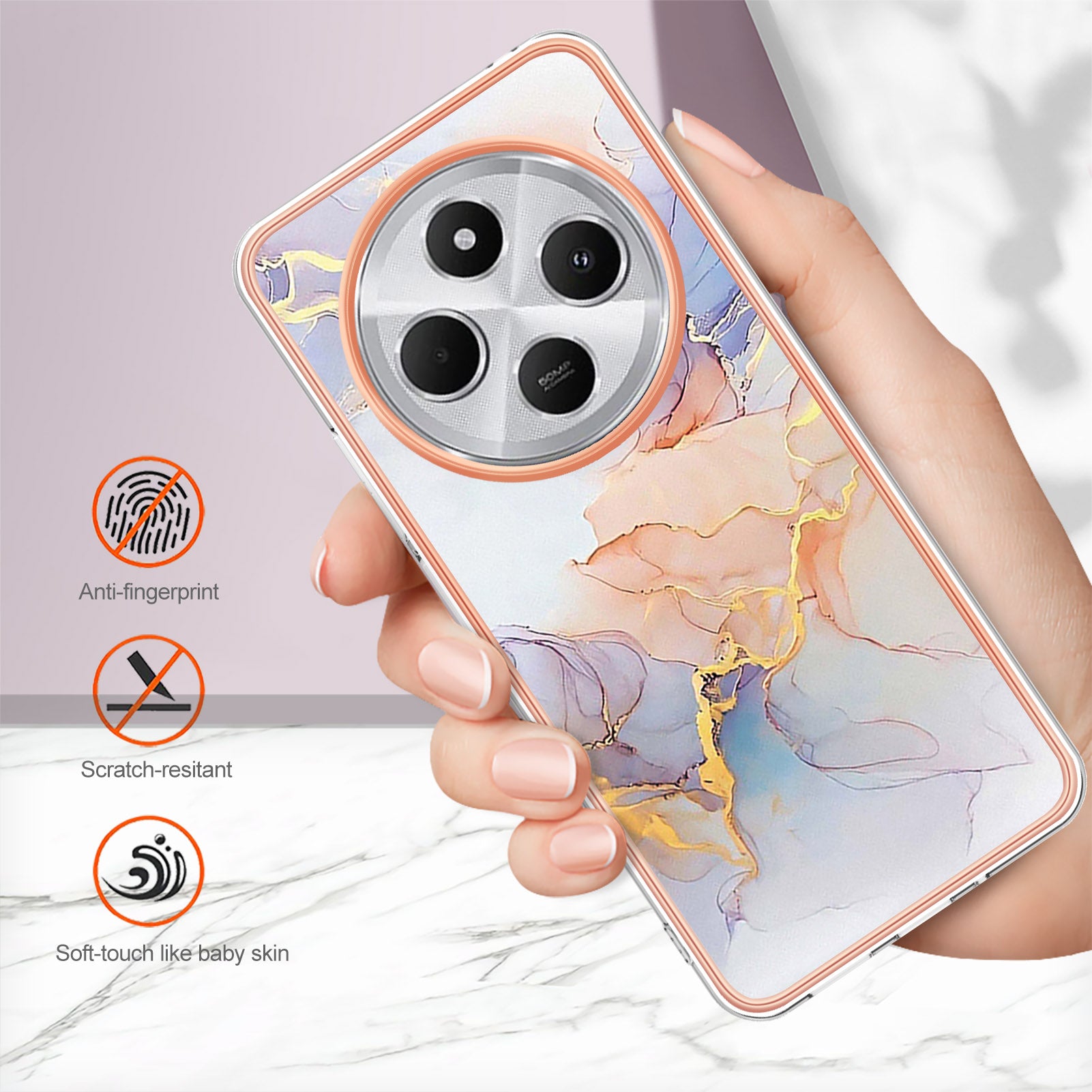 For Xiaomi Redmi 14R 5G / Xiaomi Poco C75 4G / Xiaomi Redmi 14C 4G Case YB IMD Series-1 Style-A  IMD Marble Flower Pattern TPU Phone Cover - Milky Way Marble White