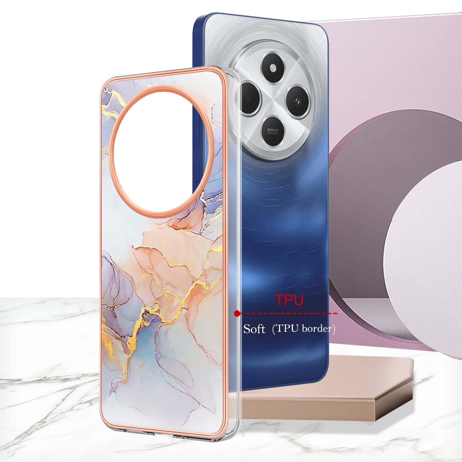 For Xiaomi Redmi 14R 5G / Xiaomi Poco C75 4G / Xiaomi Redmi 14C 4G Case YB IMD Series-1 Style-A  IMD Marble Flower Pattern TPU Phone Cover - Milky Way Marble White