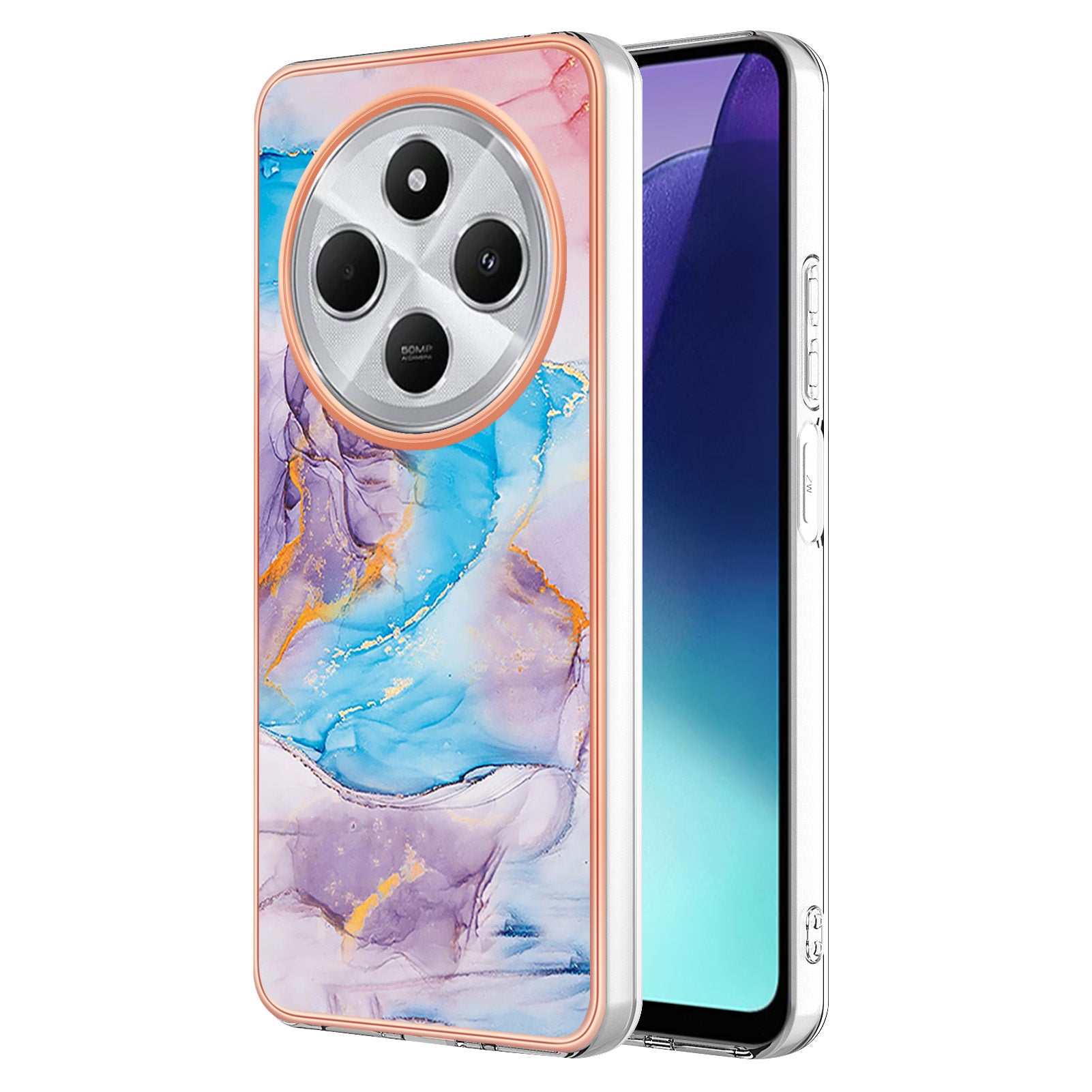 For Xiaomi Redmi 14R 5G / Xiaomi Poco C75 4G / Xiaomi Redmi 14C 4G Case YB IMD Series-1 Style-A  IMD Marble Flower Pattern TPU Phone Cover - Milky Way Marble Blue