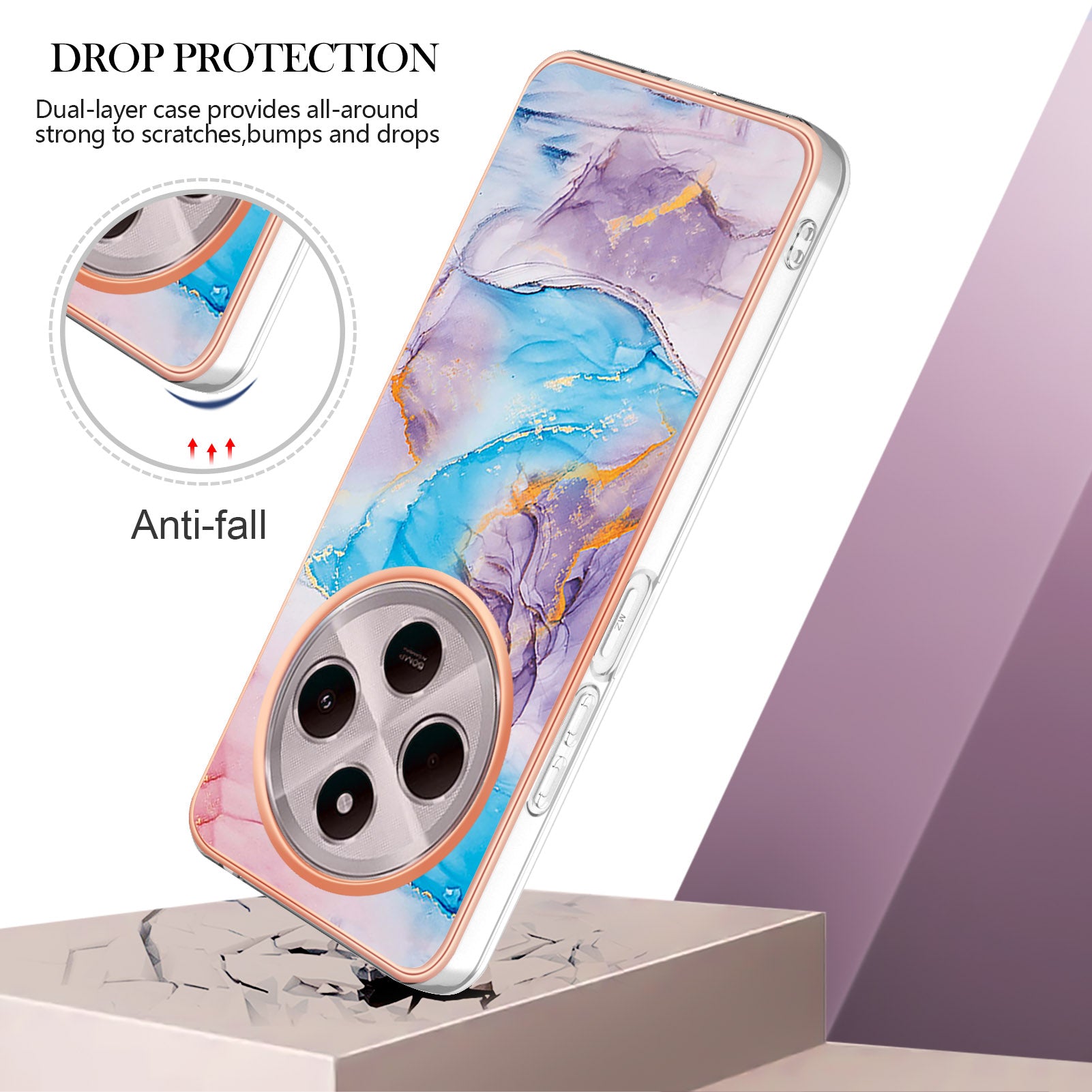 For Xiaomi Redmi 14R 5G / Xiaomi Poco C75 4G / Xiaomi Redmi 14C 4G Case YB IMD Series-1 Style-A  IMD Marble Flower Pattern TPU Phone Cover - Milky Way Marble Blue