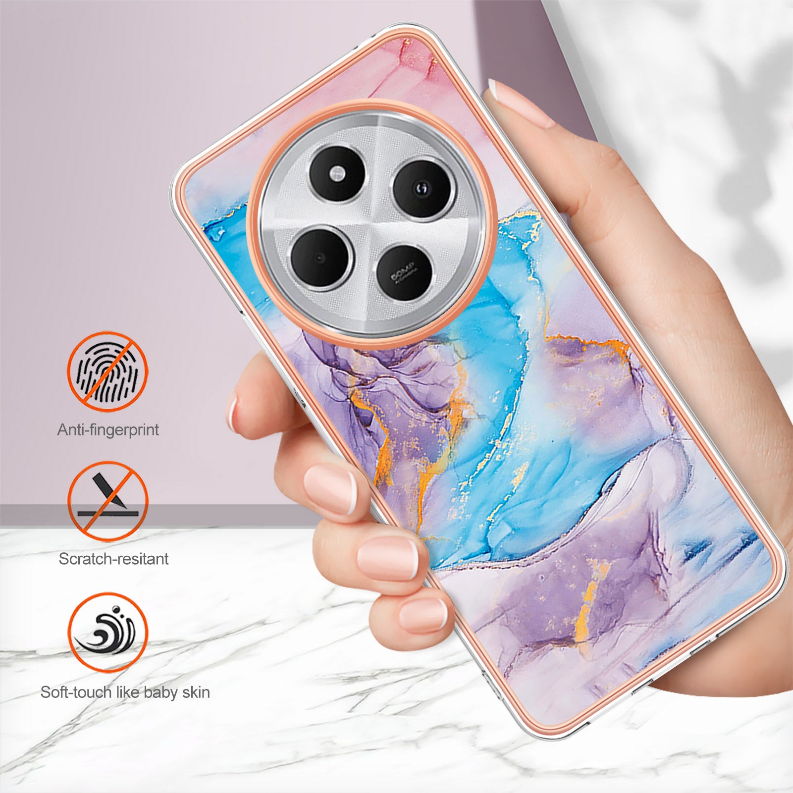 For Xiaomi Redmi 14R 5G / Xiaomi Poco C75 4G / Xiaomi Redmi 14C 4G Case YB IMD Series-1 Style-A  IMD Marble Flower Pattern TPU Phone Cover - Milky Way Marble Blue