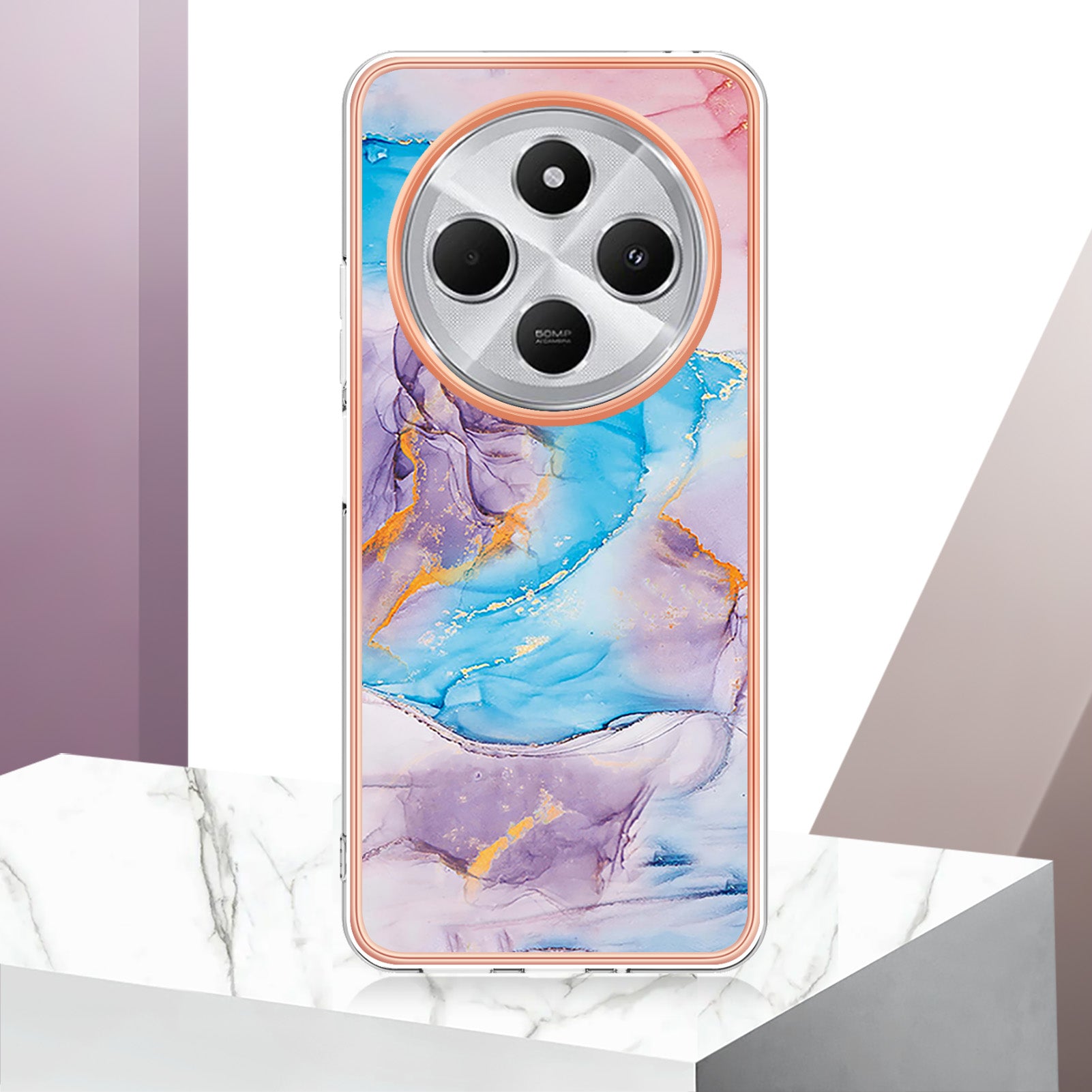 For Xiaomi Redmi 14R 5G / Xiaomi Poco C75 4G / Xiaomi Redmi 14C 4G Case YB IMD Series-1 Style-A  IMD Marble Flower Pattern TPU Phone Cover - Milky Way Marble Blue