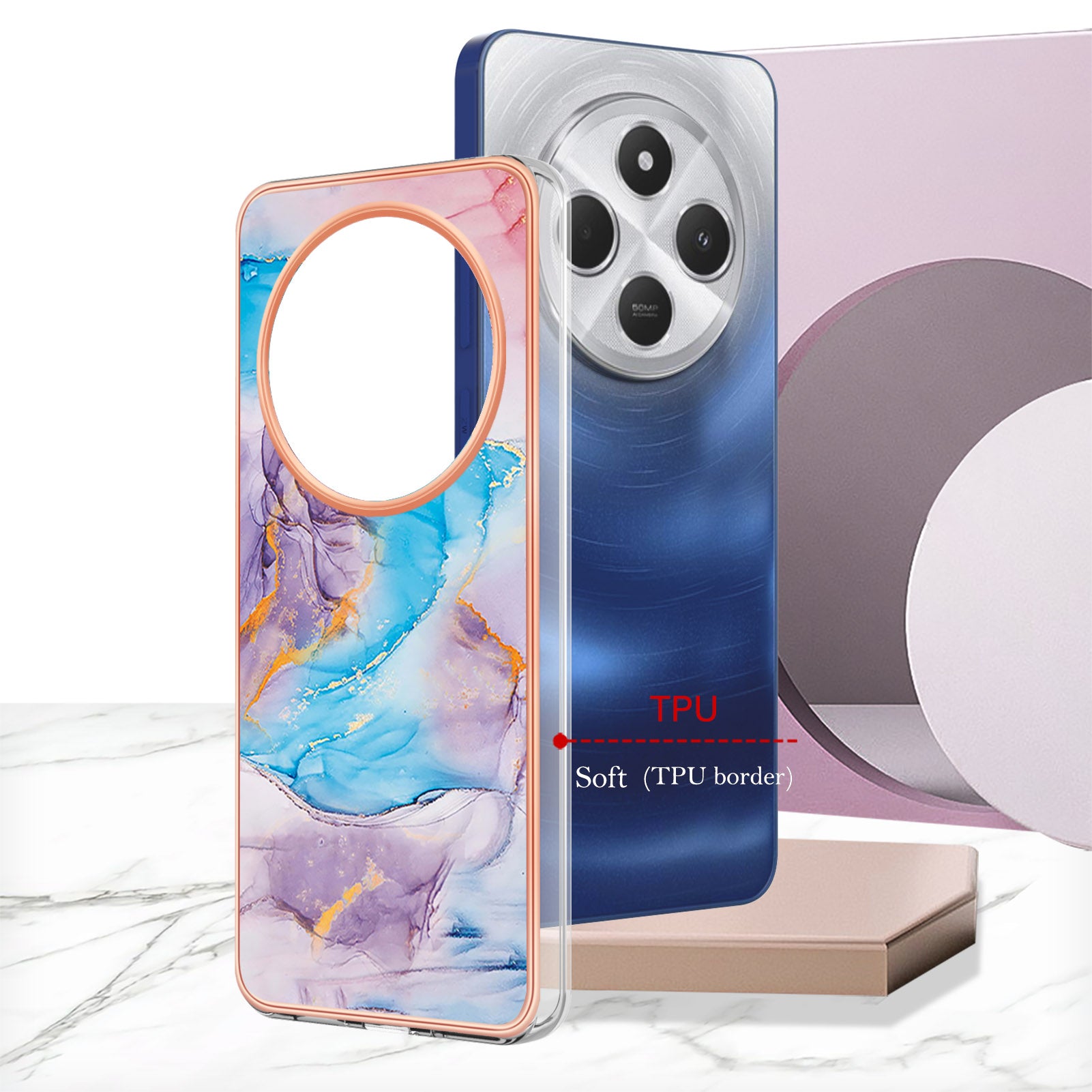 For Xiaomi Redmi 14R 5G / Xiaomi Poco C75 4G / Xiaomi Redmi 14C 4G Case YB IMD Series-1 Style-A  IMD Marble Flower Pattern TPU Phone Cover - Milky Way Marble Blue