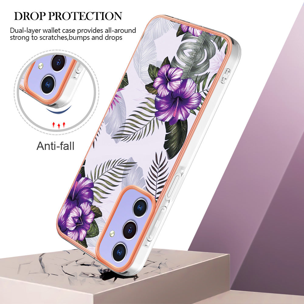 For Samsung Galaxy A16 4G / Galaxy A16 5G Case YB IMD Series-1 Style-A  IMD Marble Flower Pattern TPU Phone Cover - Purple Flower