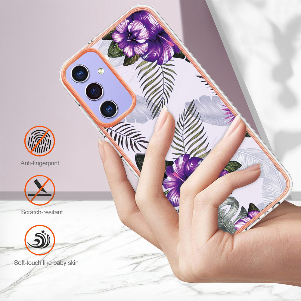 For Samsung Galaxy A16 4G / Galaxy A16 5G Case YB IMD Series-1 Style-A  IMD Marble Flower Pattern TPU Phone Cover - Purple Flower