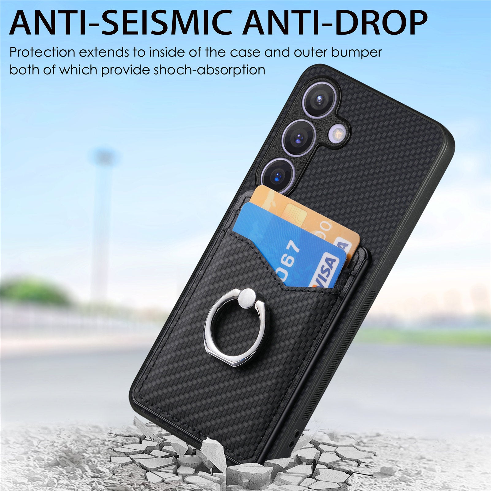 For Samsung Galaxy S25 Case Card Slots Ring Holder Kickstand Phone Cover - Black