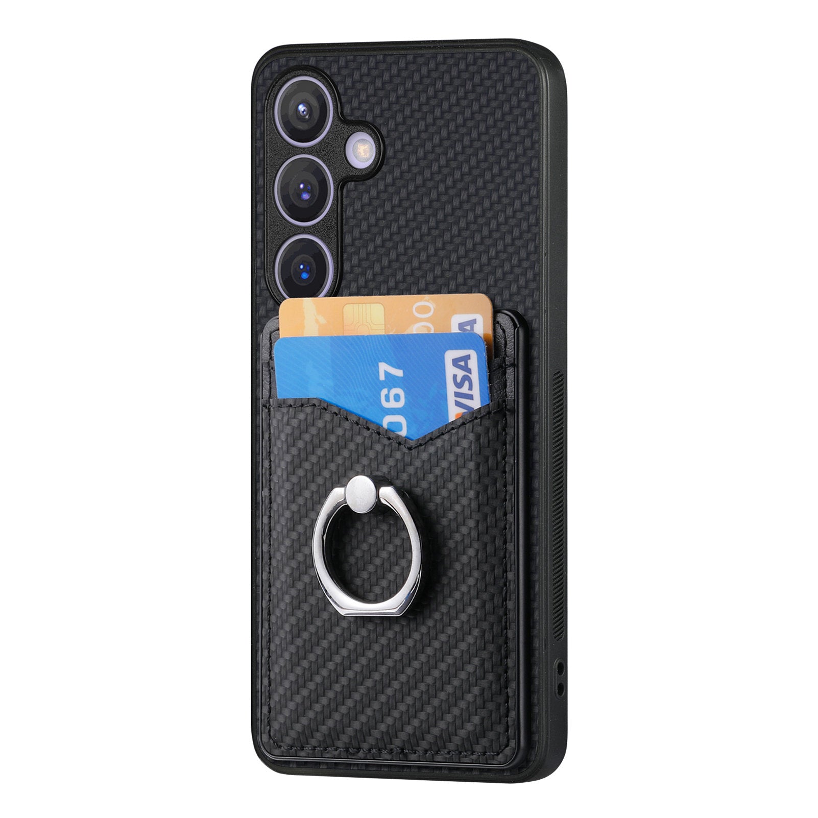 For Samsung Galaxy S25 Case Card Slots Ring Holder Kickstand Phone Cover - Black