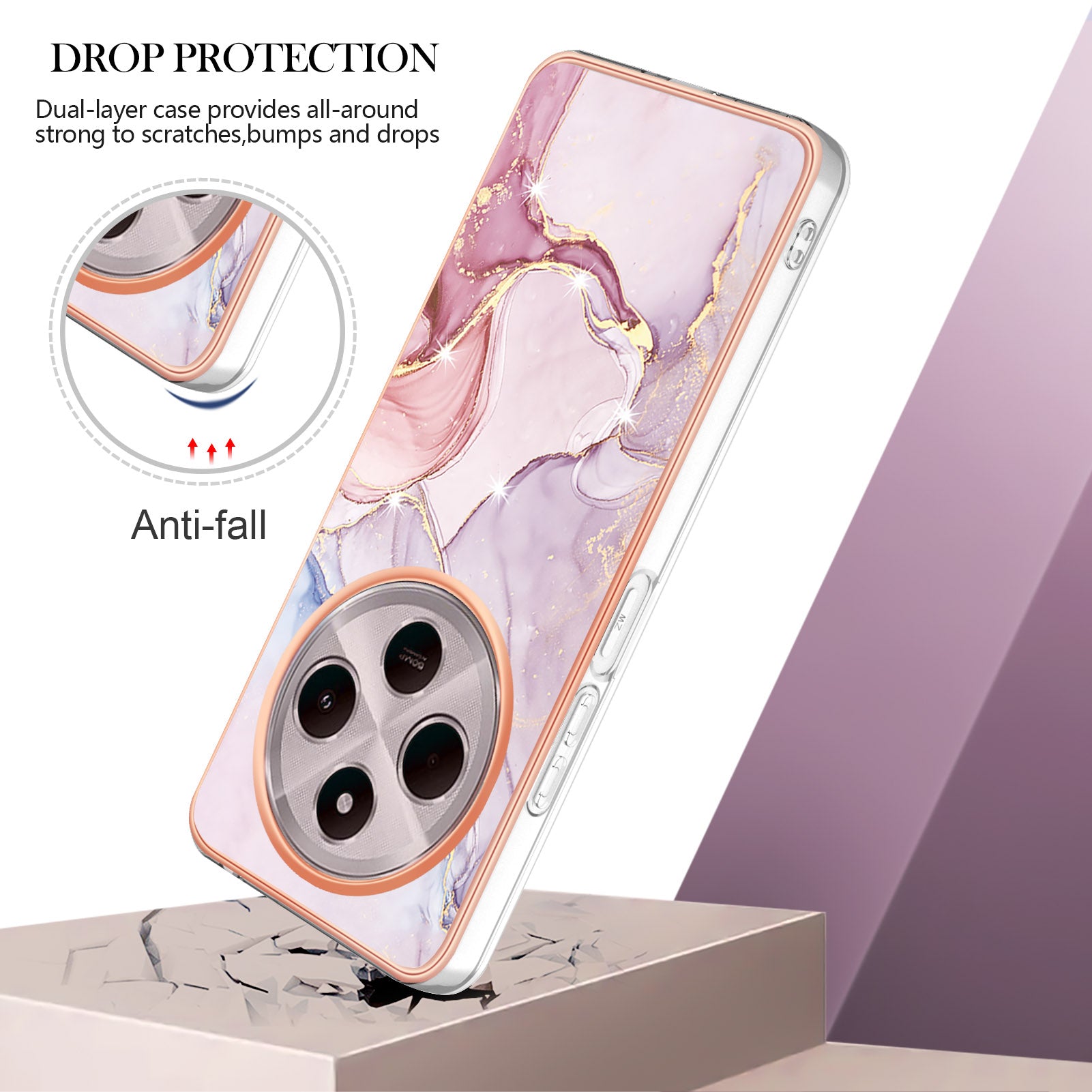 For Xiaomi Redmi 14R 5G / Xiaomi Poco C75 4G / Xiaomi Redmi 14C 4G Case YB IMD Series-2 Style-B IMD Marble Pattern TPU Back Cover - Rose Gold 005