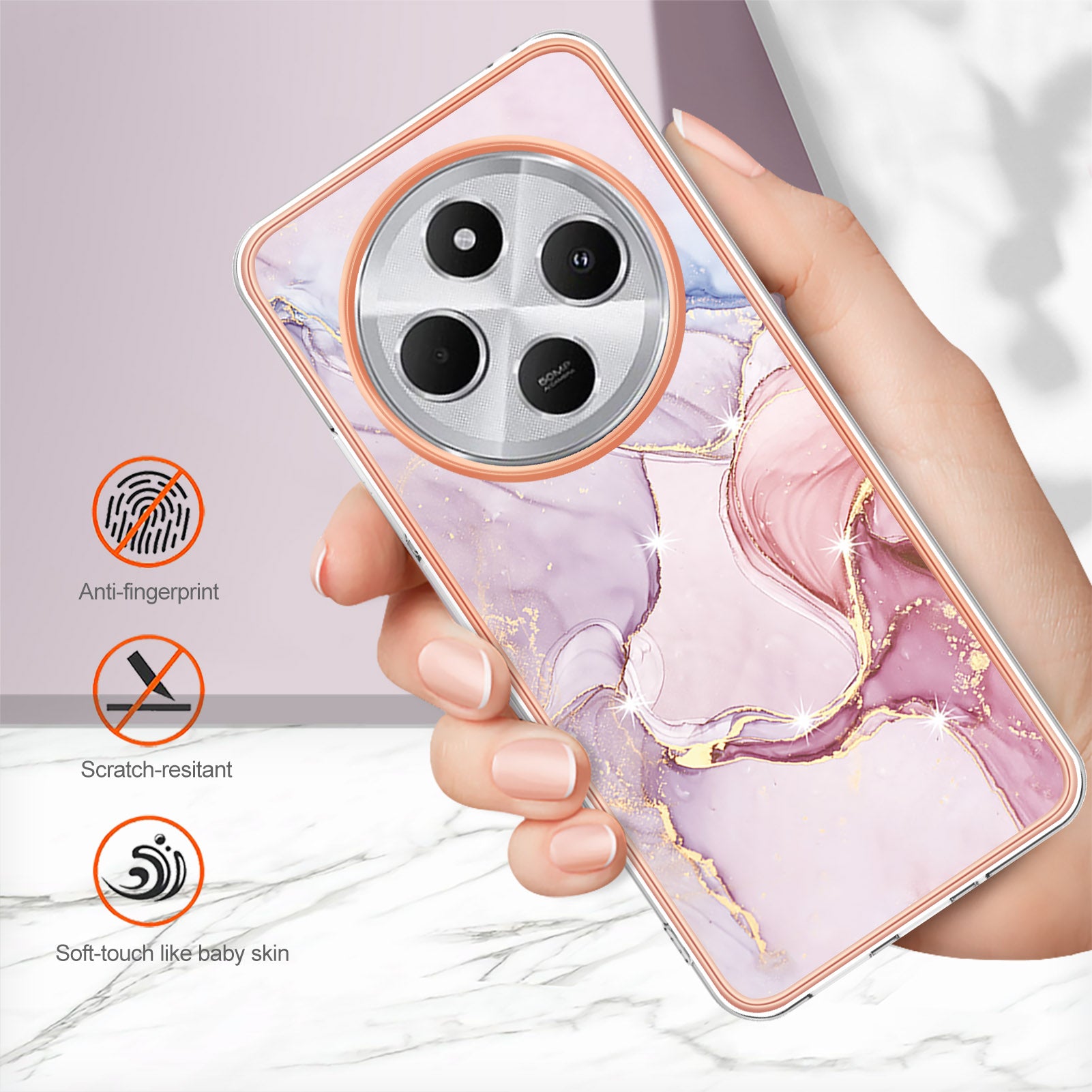 For Xiaomi Redmi 14R 5G / Xiaomi Poco C75 4G / Xiaomi Redmi 14C 4G Case YB IMD Series-2 Style-B IMD Marble Pattern TPU Back Cover - Rose Gold 005