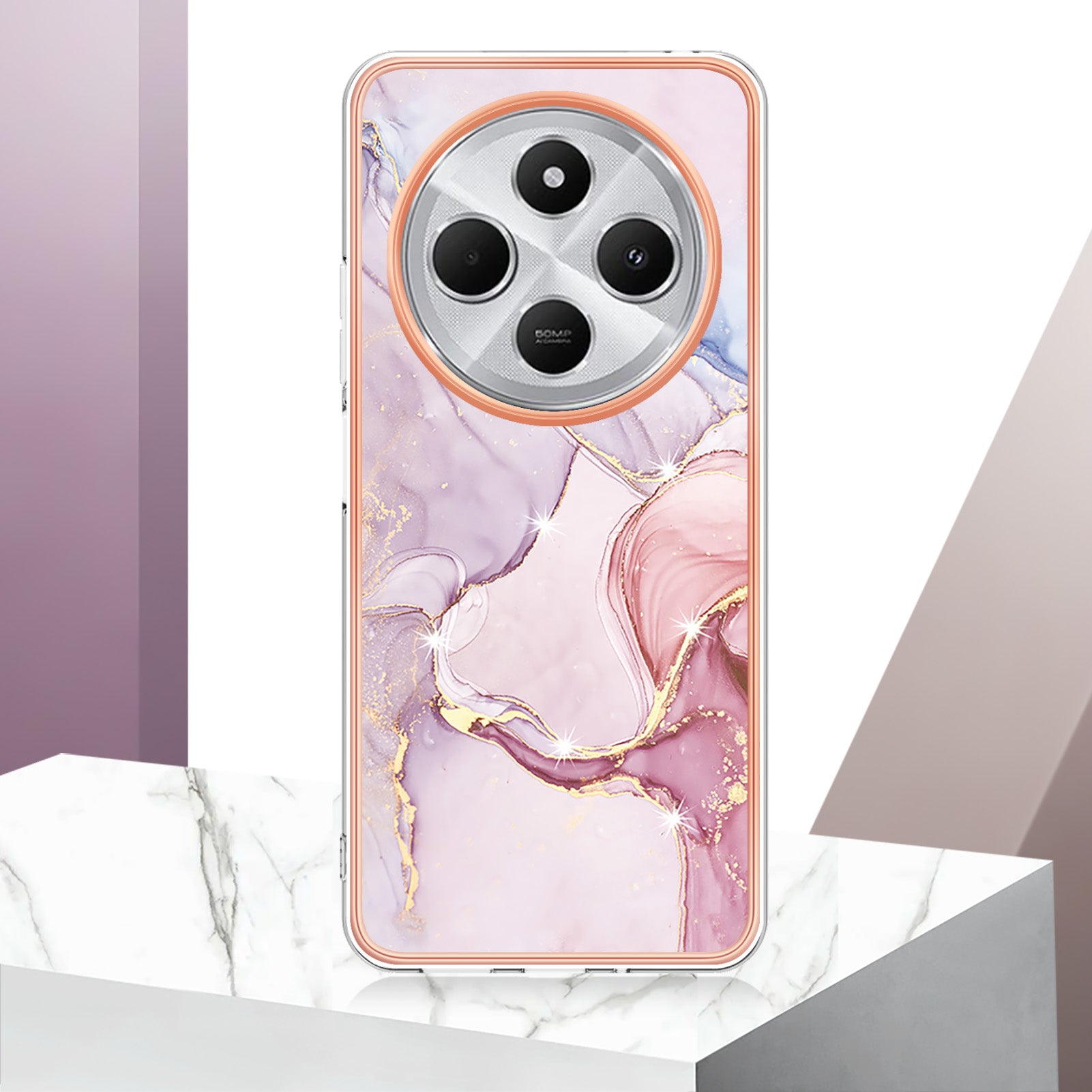 For Xiaomi Redmi 14R 5G / Xiaomi Poco C75 4G / Xiaomi Redmi 14C 4G Case YB IMD Series-2 Style-B IMD Marble Pattern TPU Back Cover - Rose Gold 005